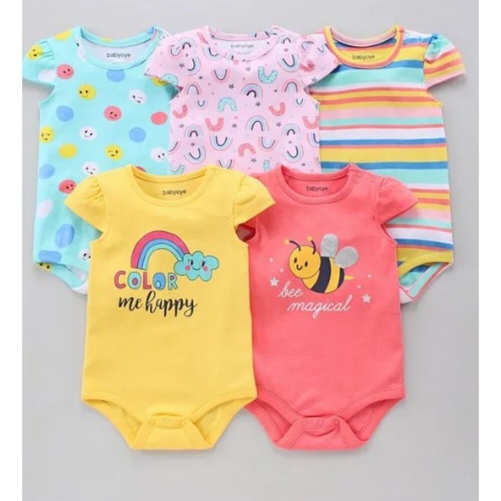 Babyoye Cotton Short Sleeves Printed Onesies Pack of 5 - Multicolor 12-18m
